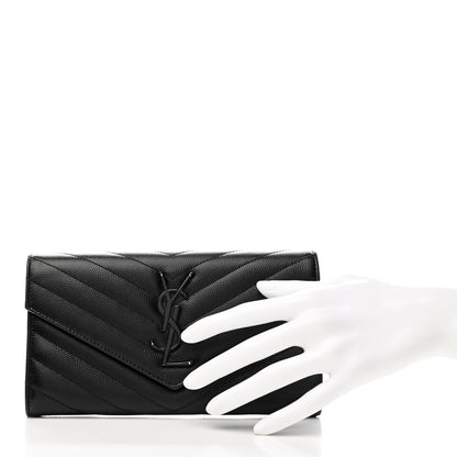 Saint Laurent Grain De Poudre Matelasse Chevron Monogram Flap Wallet Black 2 of 9
