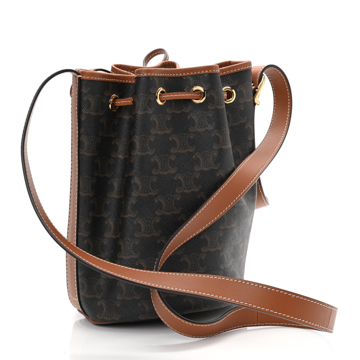 Triomphe Canvas Calfskin Small Drawstring Bucket Bag Tan