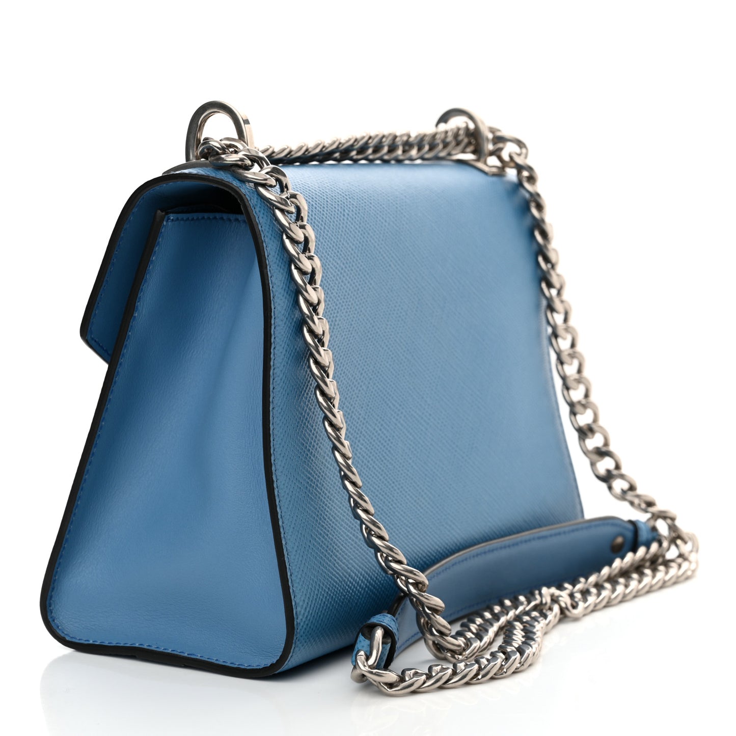 Saffiano Cuir Calfskin Monochrome Envelope Flap Chain Shoulder Bag Cobalto
