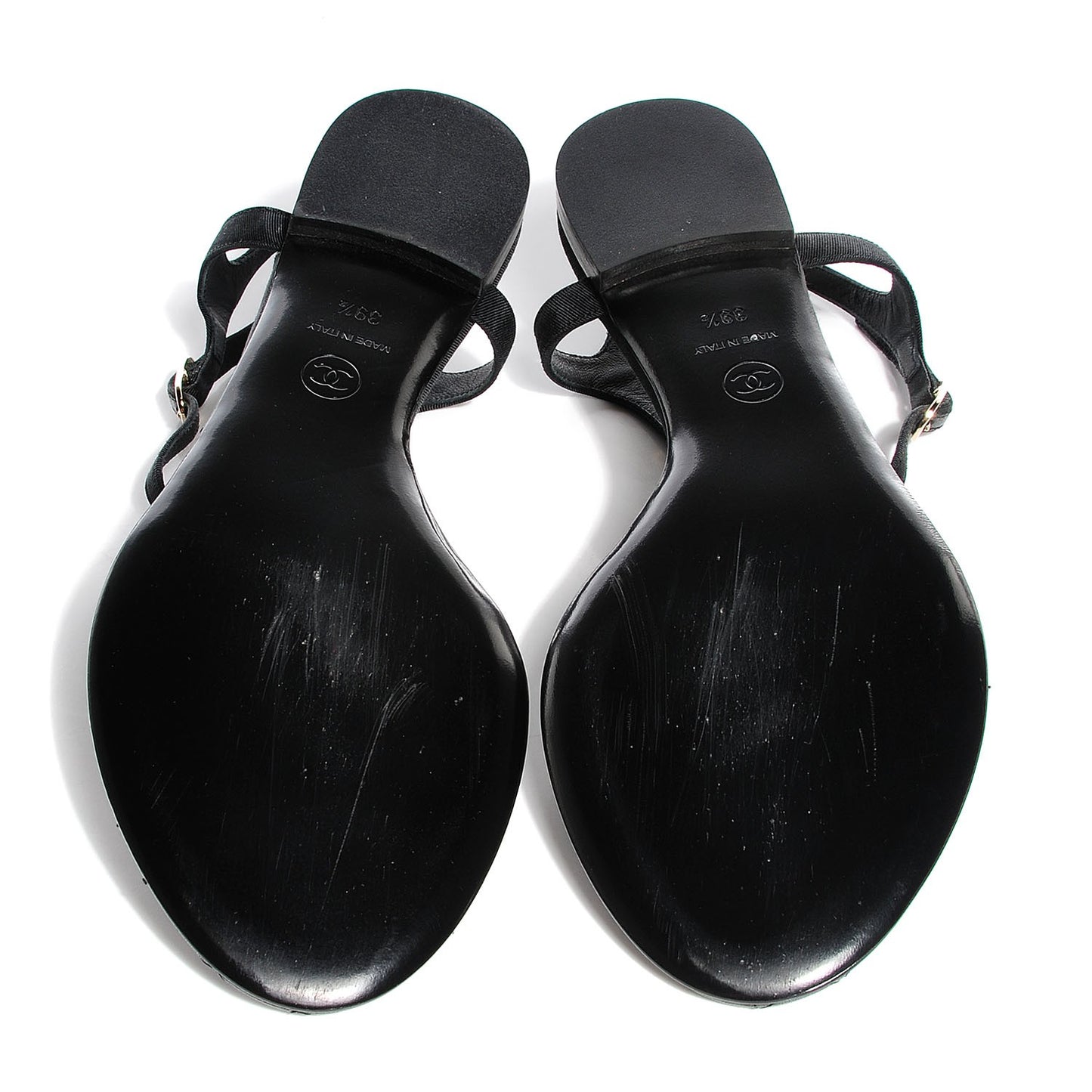 Lambskin Grosgrain CC Chain Thong Sandals 39.5 Black Gold