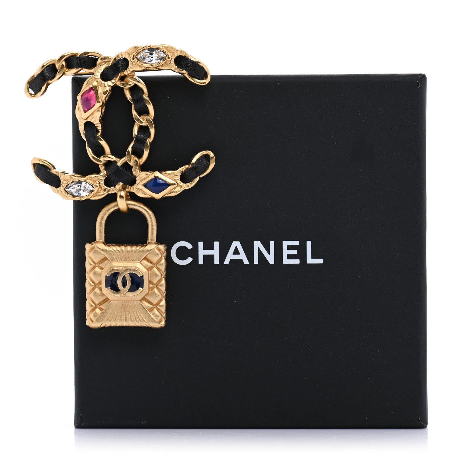 Chanel Lambskin Crystal Chain CC Quilted Padlock Brooch Black Gold Multicolor 5 of 5