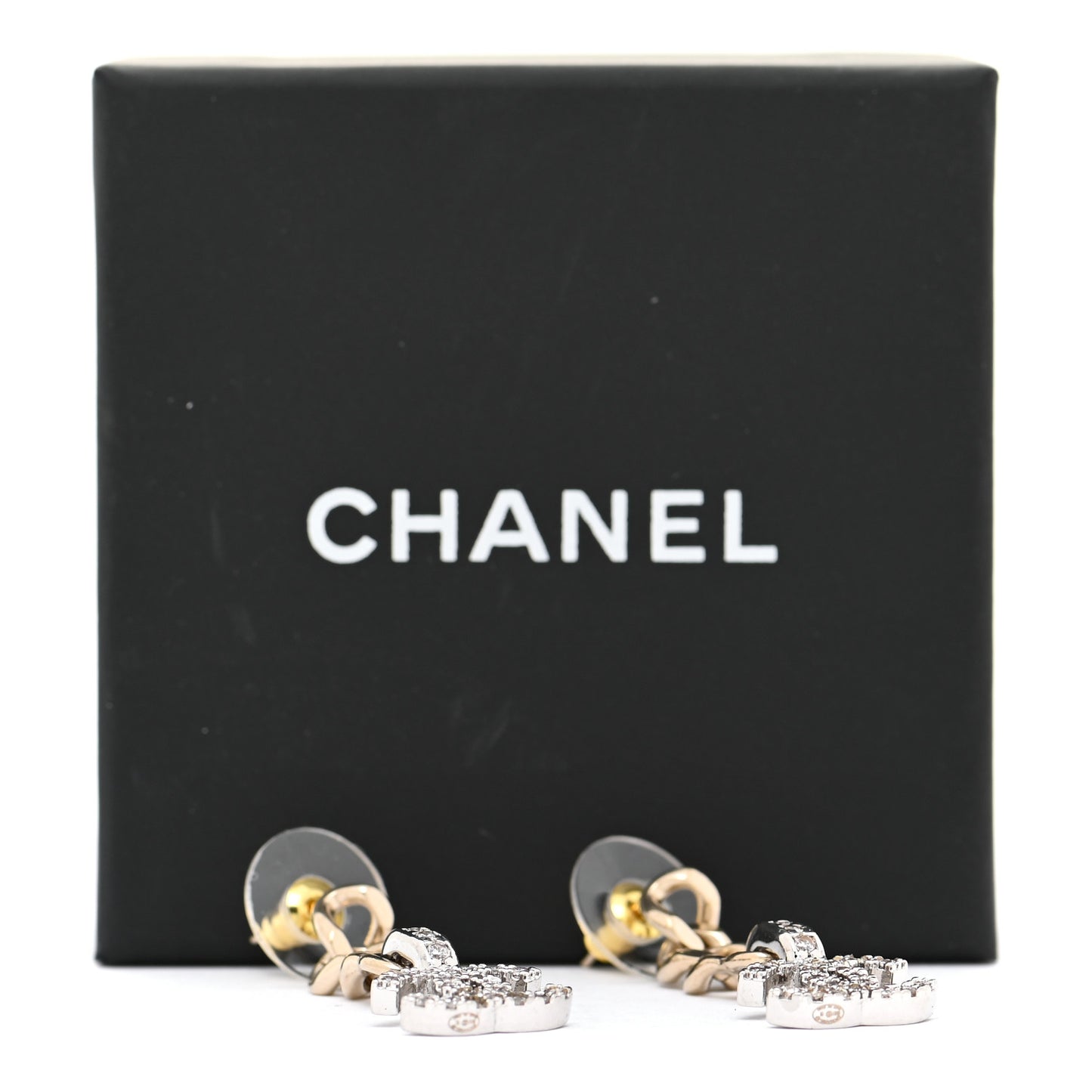Metal Crystal CC Chain Drop Earrings Gold