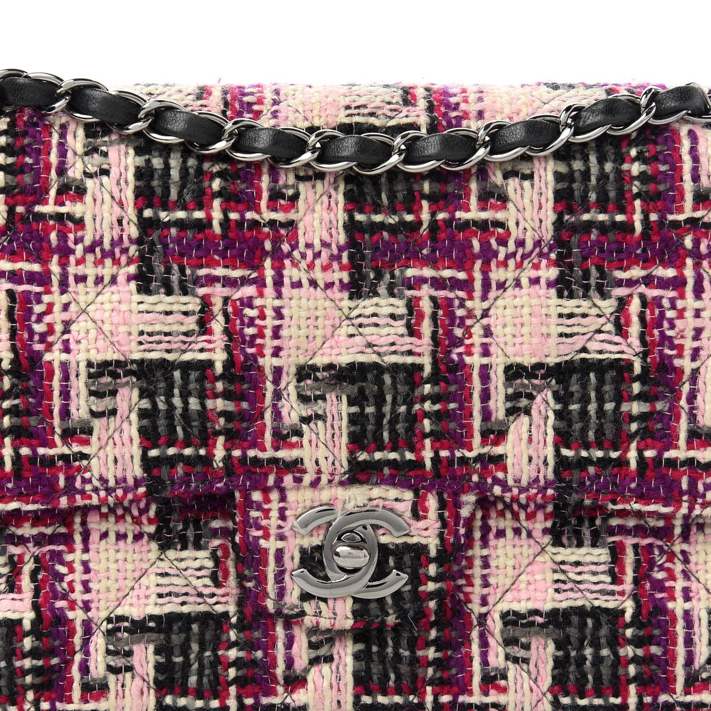 Tweed Quilted Medium Double Flap Pink Black