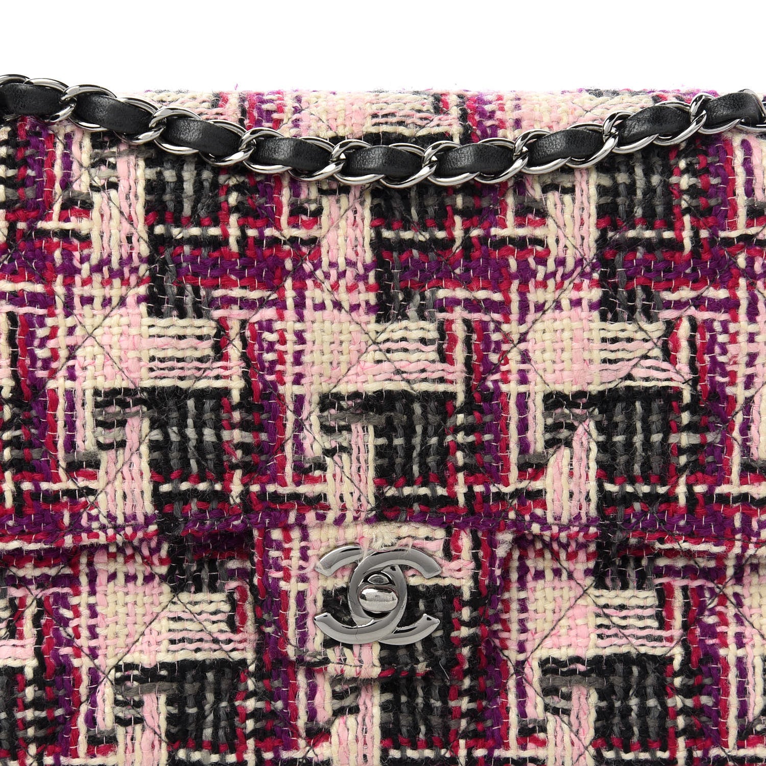 Chanel Tweed Quilted Medium Double Flap Pink Black 10 of 11
