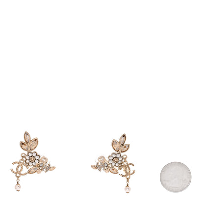 Chanel Pearl Crystal CC Flower Cluster Drop Earrings Gold Light Brown Pearly White 2 of 5