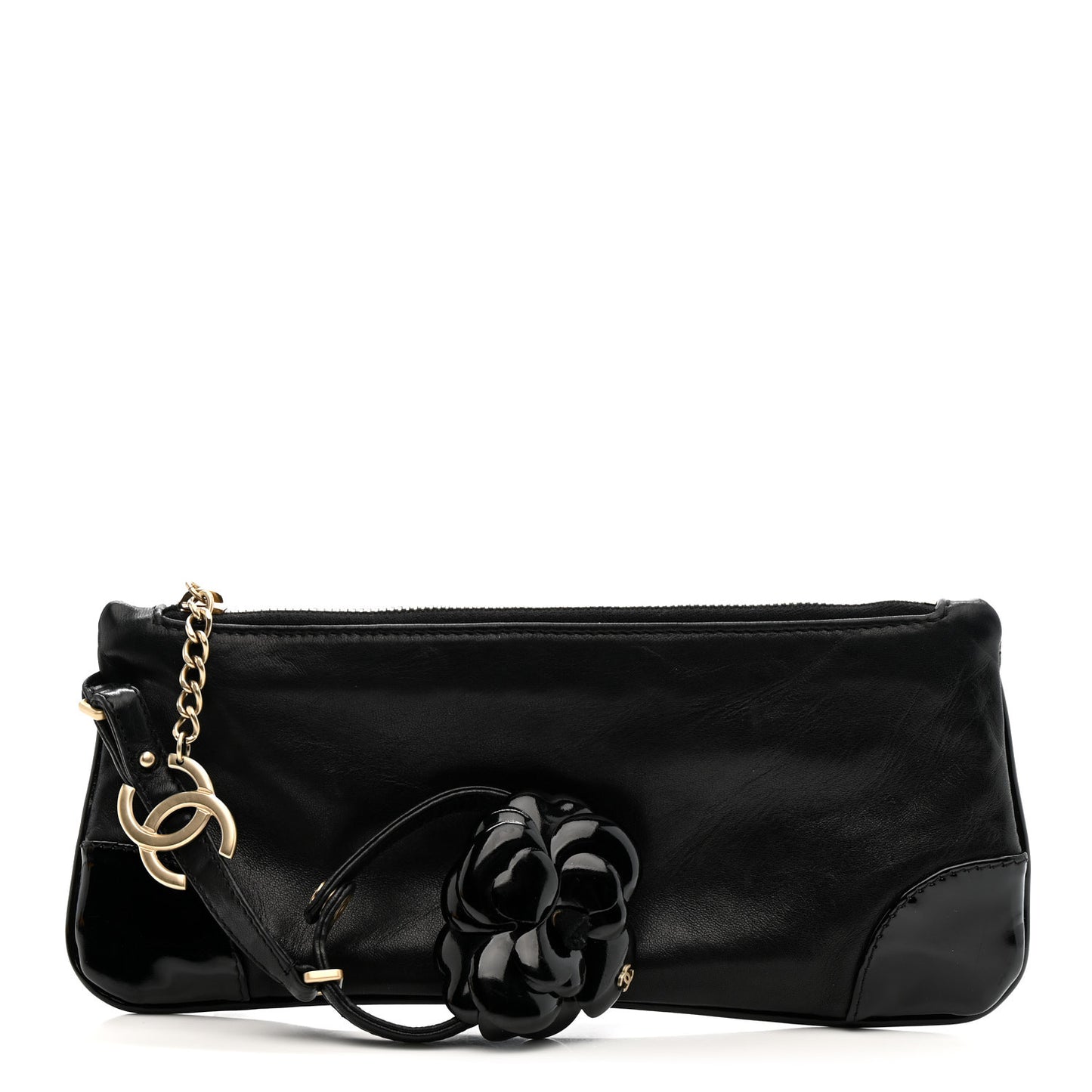 Lambskin Patent Camellia Wristlet Black