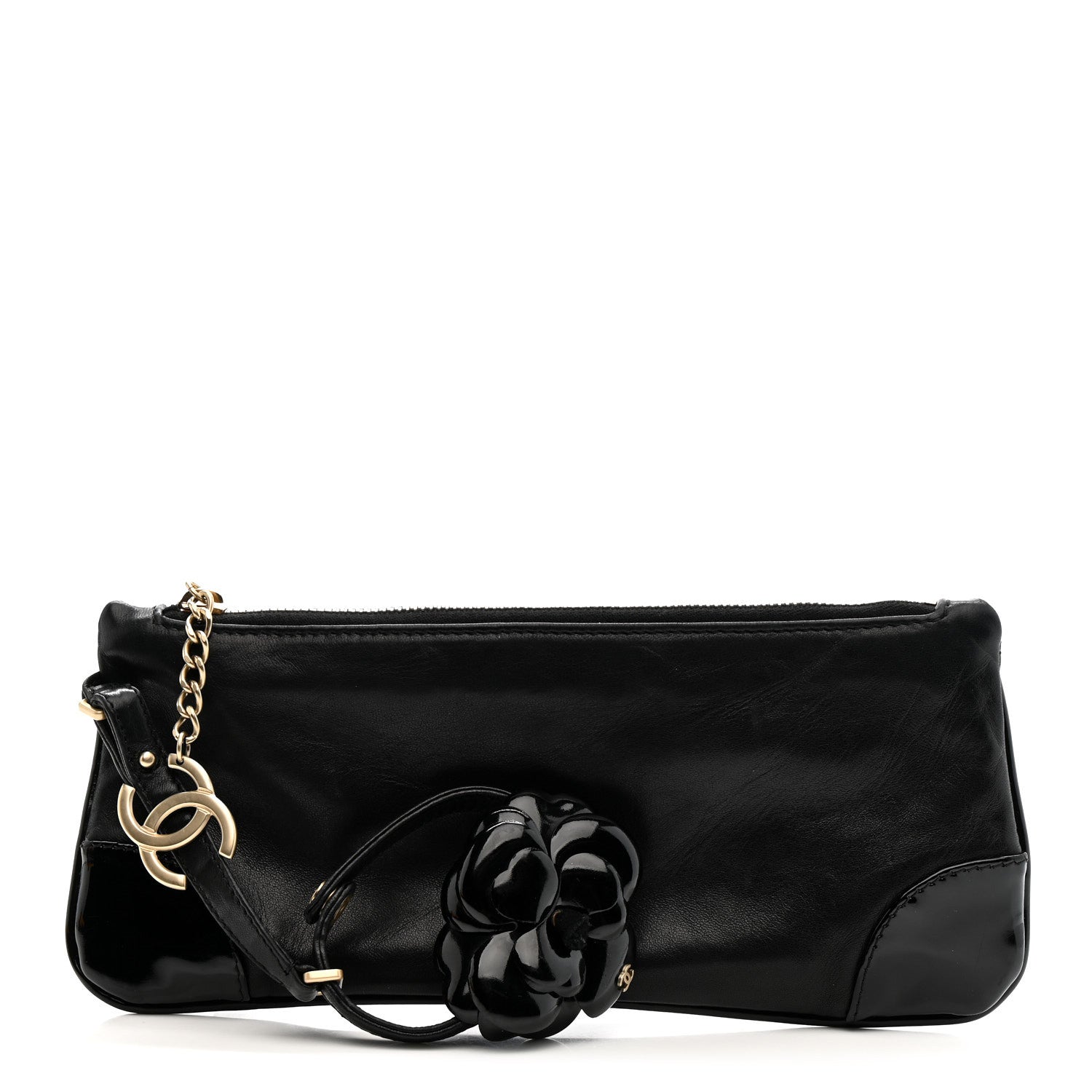 Chanel Lambskin Patent Camellia Wristlet Black 3 of 13