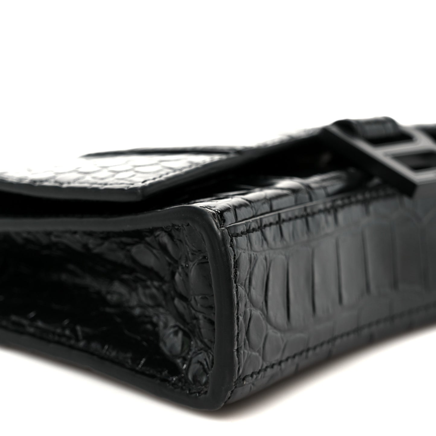 Shiny Calfskin Monochrome Crocodile Embossed Hourglass Chain Bag Black