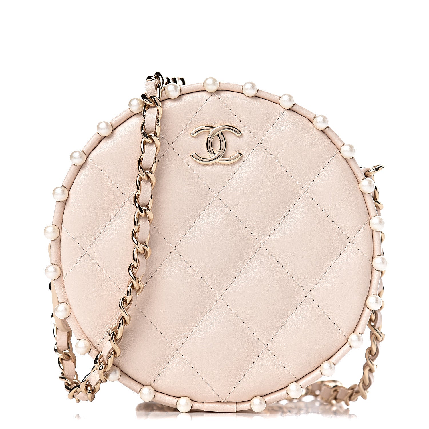 Chanel Calfskin Quilted Pearl Round Clutch With Chain White 1 of 11