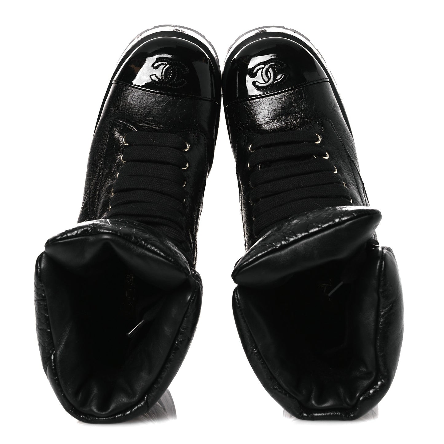 Crumpled Patent Lambskin Calfskin Quilted Lace Up Combat Boots 39 Black