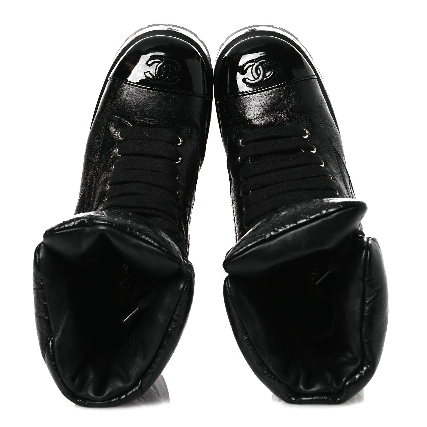 Chanel Crumpled Patent Lambskin Calfskin Quilted Lace Up Combat Boots 39 Black 2 of 11