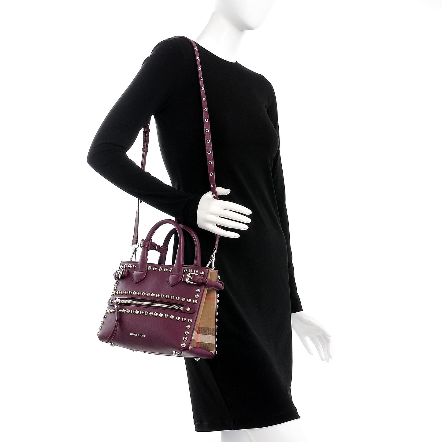 Calfskin House Check Studded Small Banner Tote Dark Plum