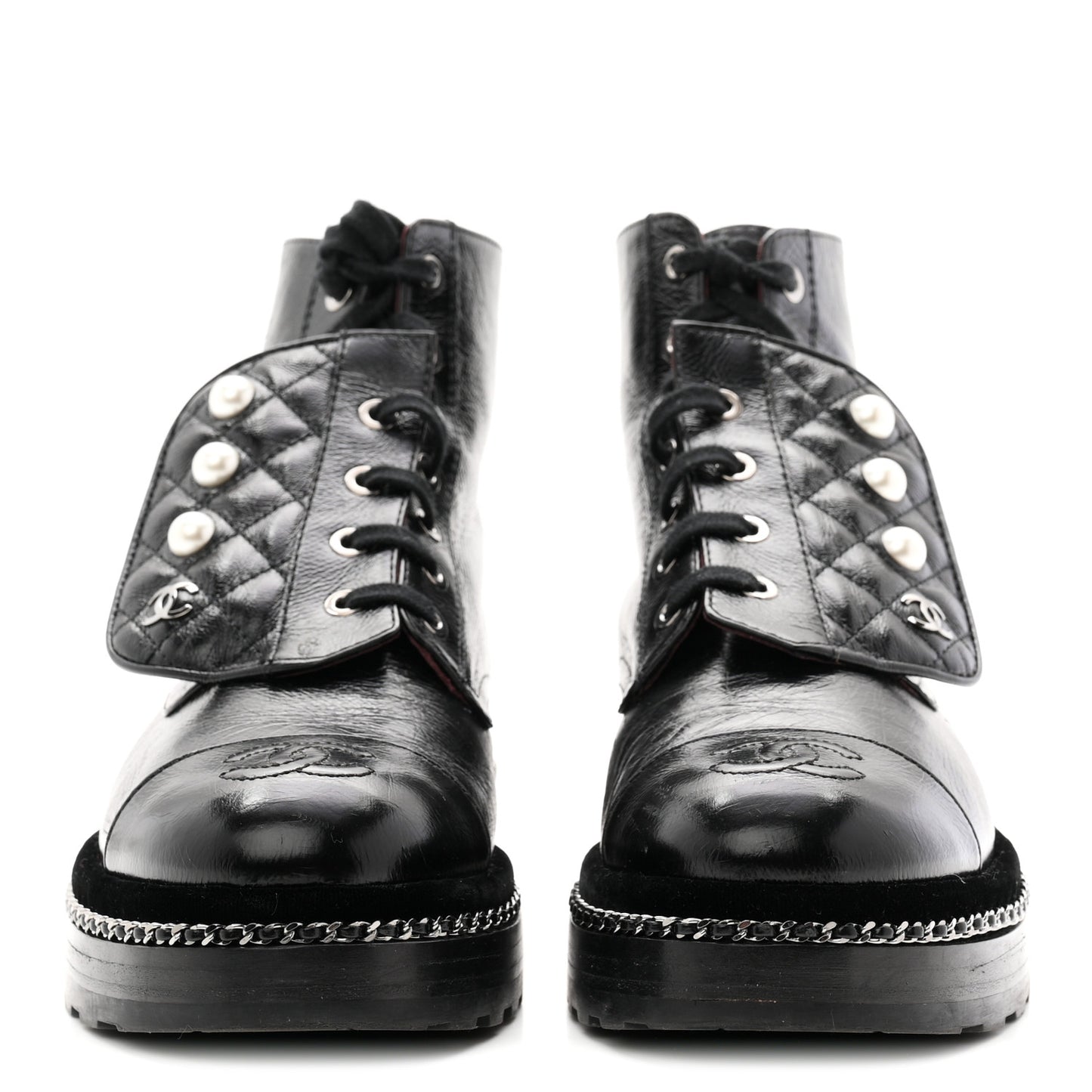 Crackled Calfskin Velvet Pearl Combat Short Boots 38 Black
