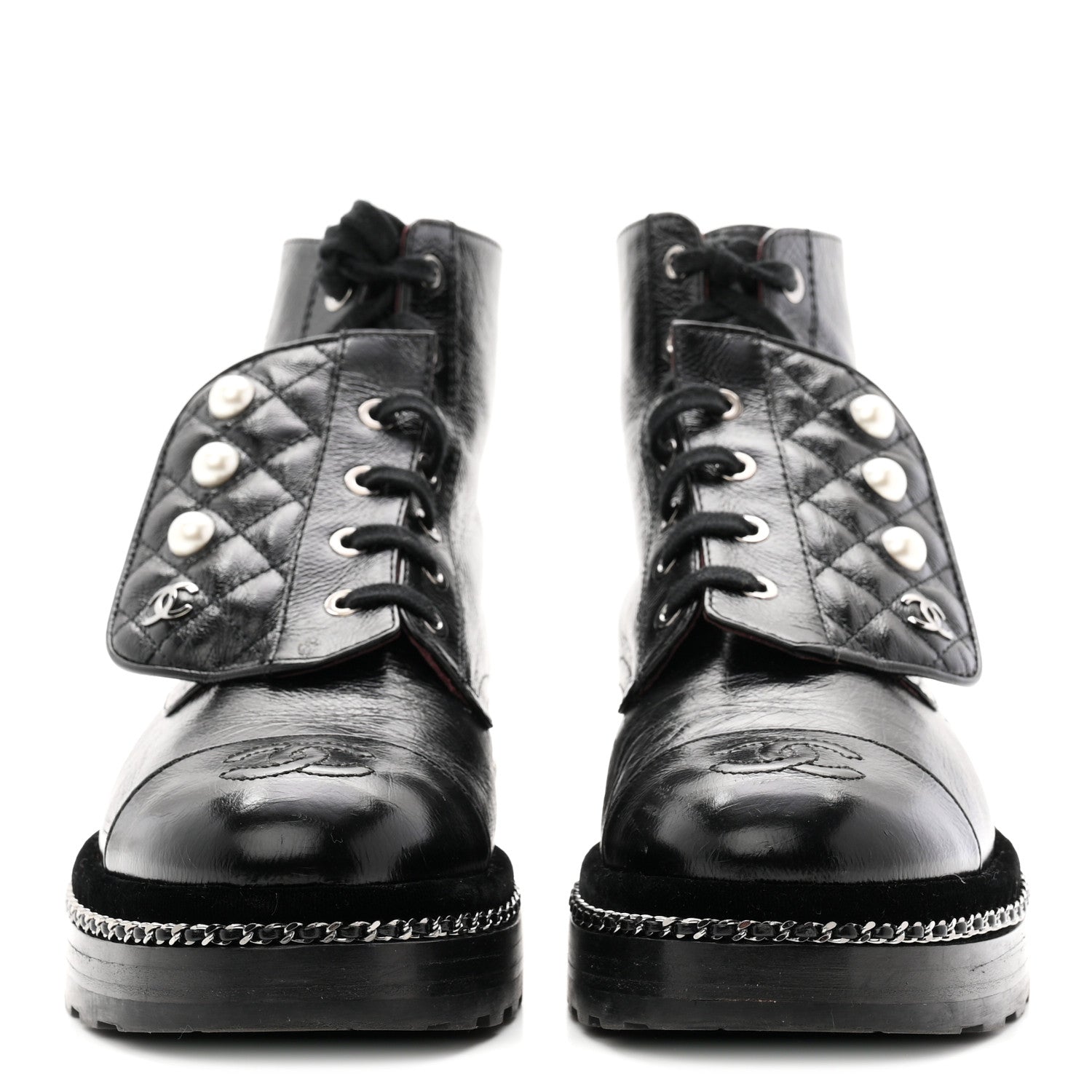 Chanel Crackled Calfskin Velvet Pearl Combat Short Boots 38 Black 3 of 10
