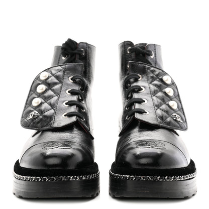 Chanel Crackled Calfskin Velvet Pearl Combat Short Boots 38 Black 3 of 10