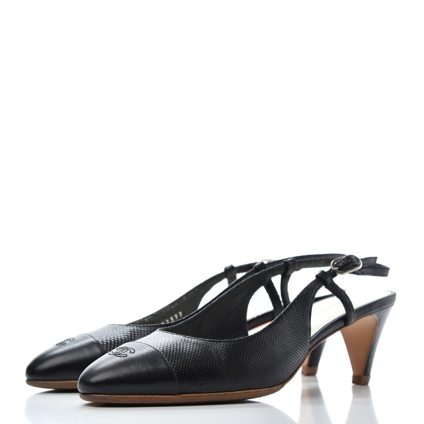 Calfskin Embossed Cap Toe CC Slingback Pumps 37.5 Black