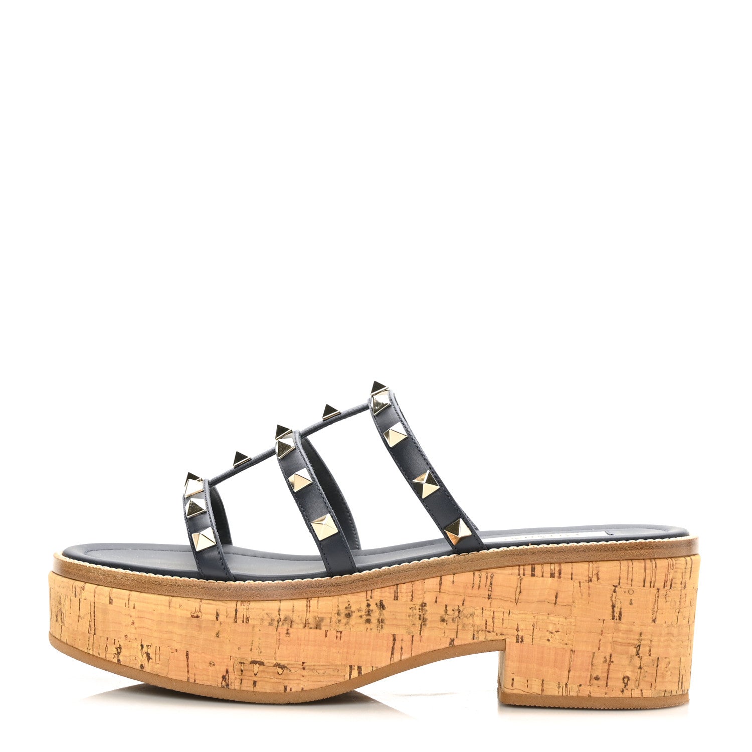 Valentino Garavani Calfskin Cork Rockstud Caged 30/50mm Platform Sandals 37.5 Marine 1 of 7