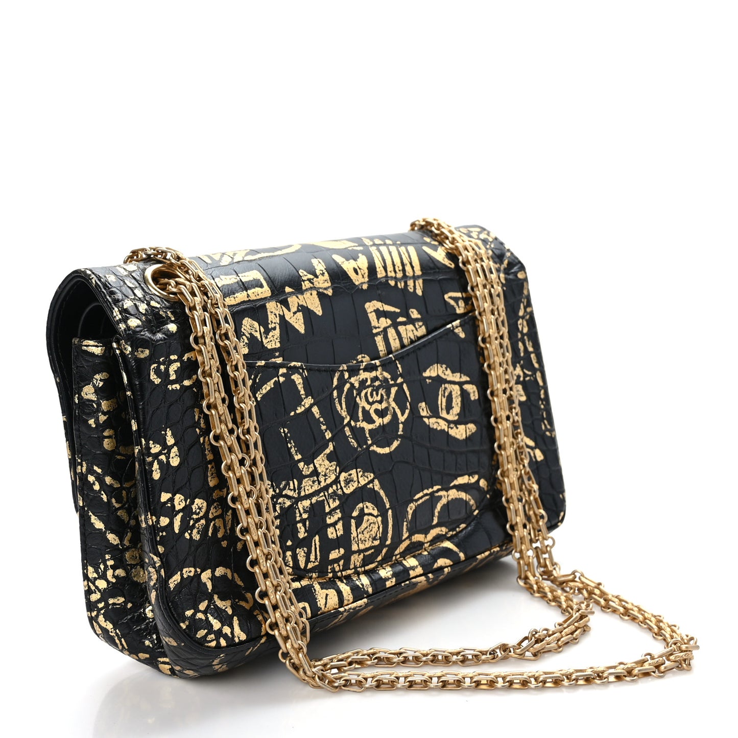 Calfskin Crocodile Embossed Graffiti 2.55 Cocodile Reissue 225 Flap Black Gold