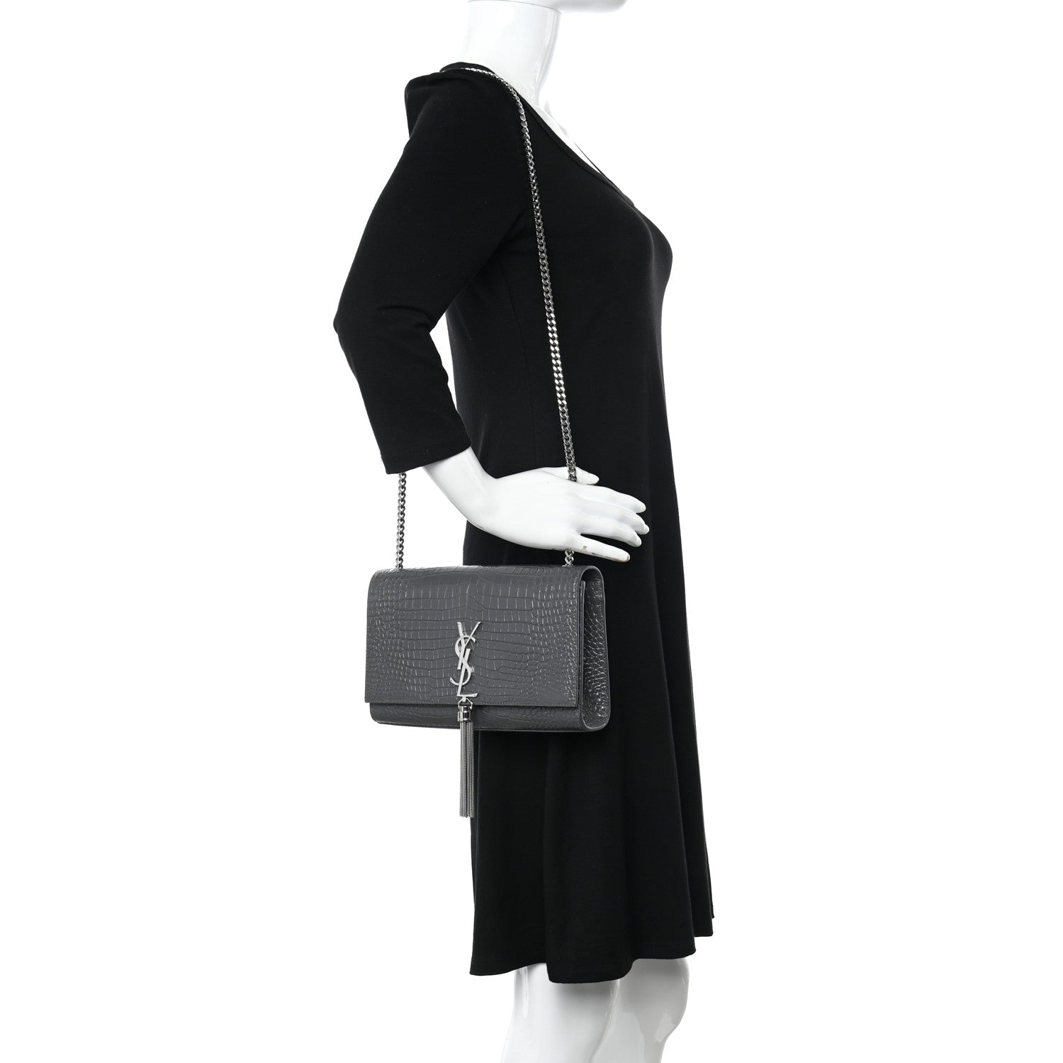 Saint Laurent Calfskin Crocodile Embossed Medium Classic Monogram Kate Tassel Satchel Storm 2 of 11