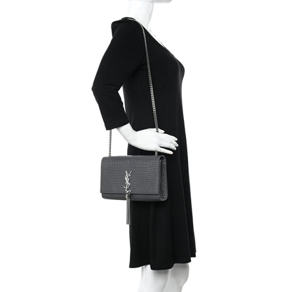 Saint Laurent Calfskin Crocodile Embossed Medium Classic Monogram Kate Tassel Satchel Storm 2 of 11