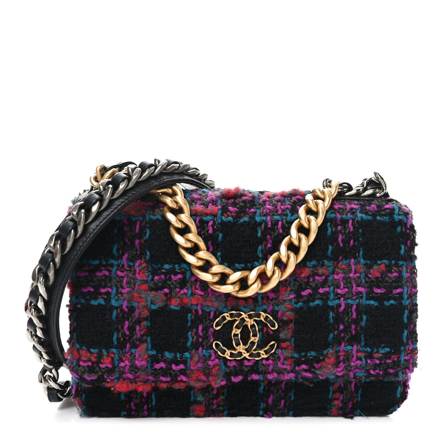Chanel Tweed Quilted Chanel 19 Wallet On Chain WOC Black Pink Blue 1 of 12