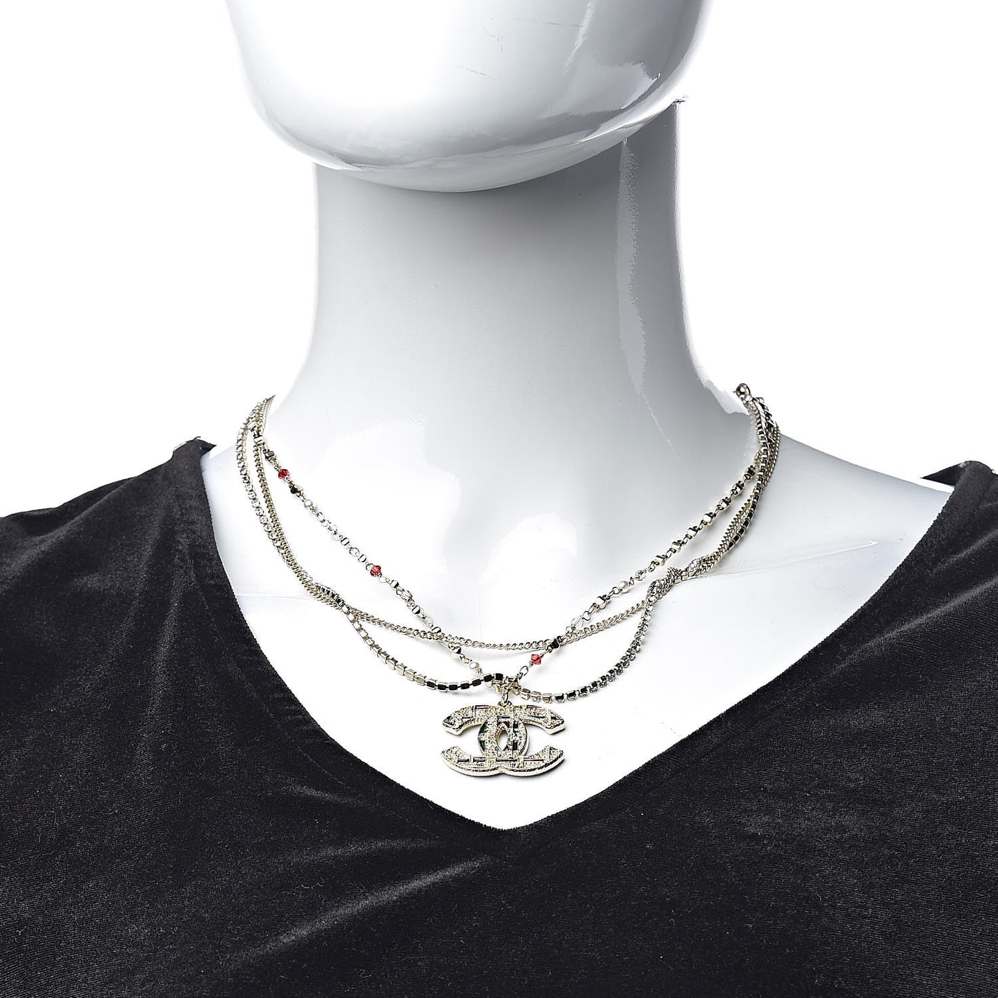 Crystal Pearl Tweed Effect Multi Strand CC Short Necklace Gold Red Green
