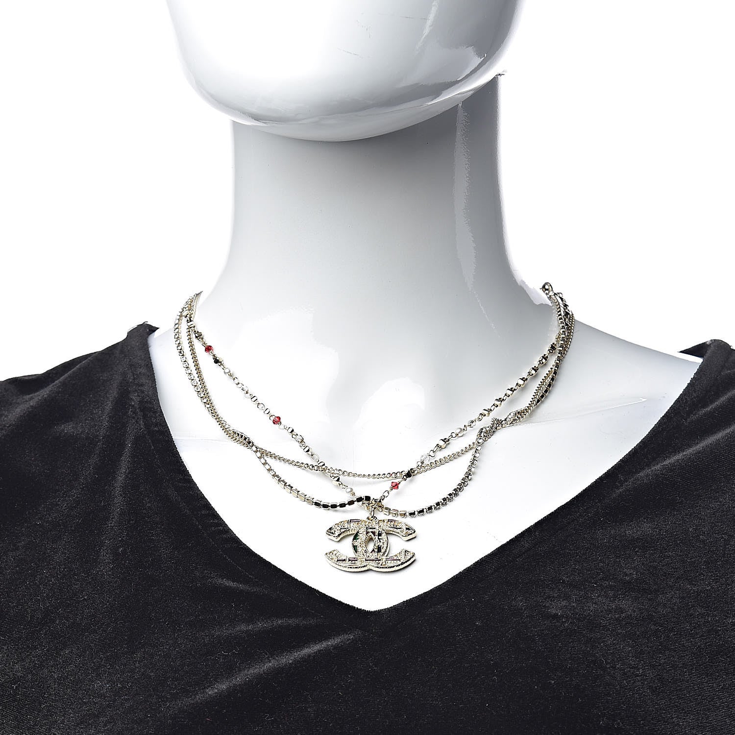 Chanel Crystal Pearl Tweed Effect Multi Strand CC Short Necklace Gold Red Green 2 of 5