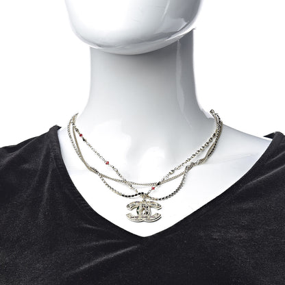 Chanel Crystal Pearl Tweed Effect Multi Strand CC Short Necklace Gold Red Green 2 of 5