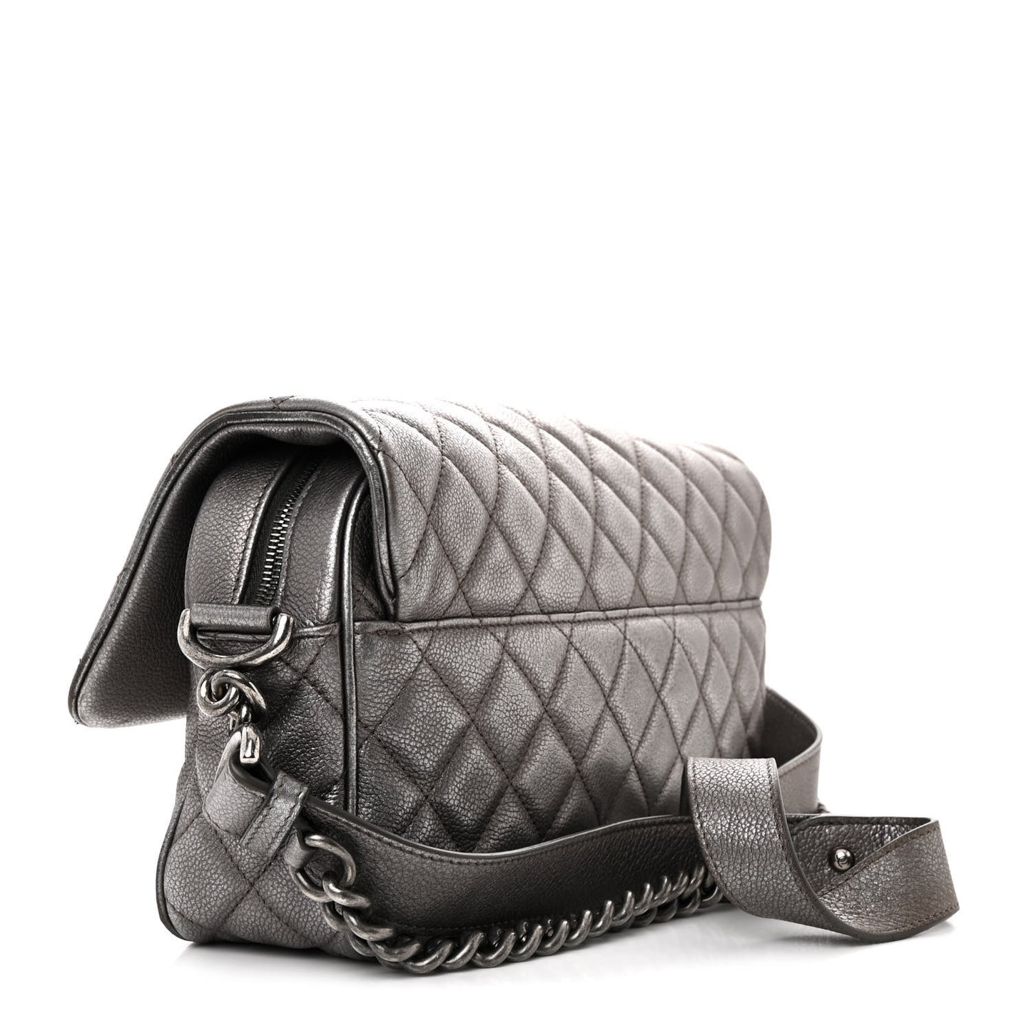 Metallic Grained Calfskin Quilted Medium Casual Rock Flap Charcoal