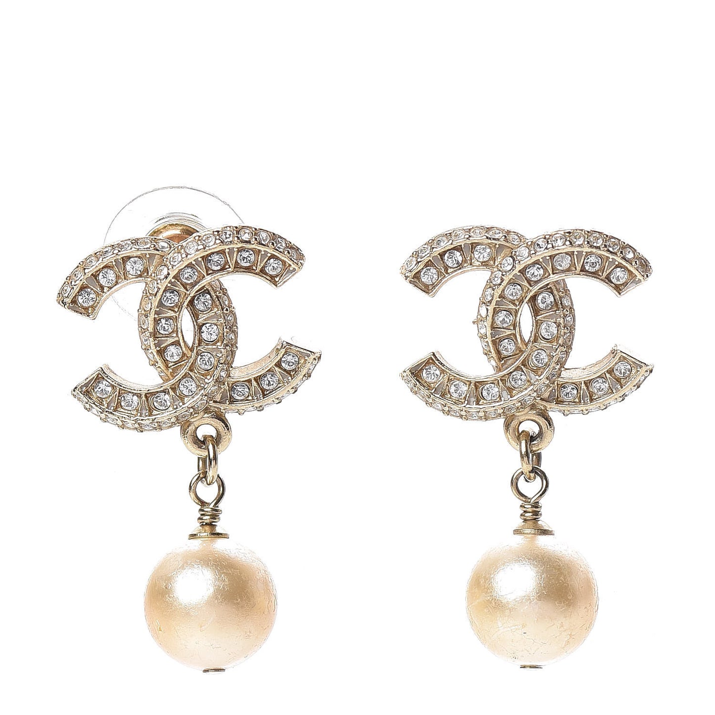 Crystal Pearl CC Drop Earrings Gold