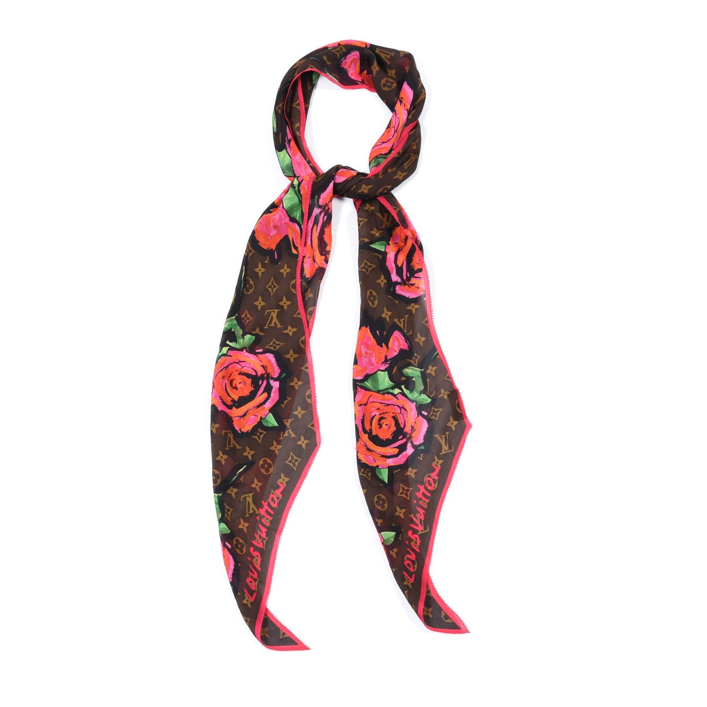 Silk Monogram Roses Scarf Marron
