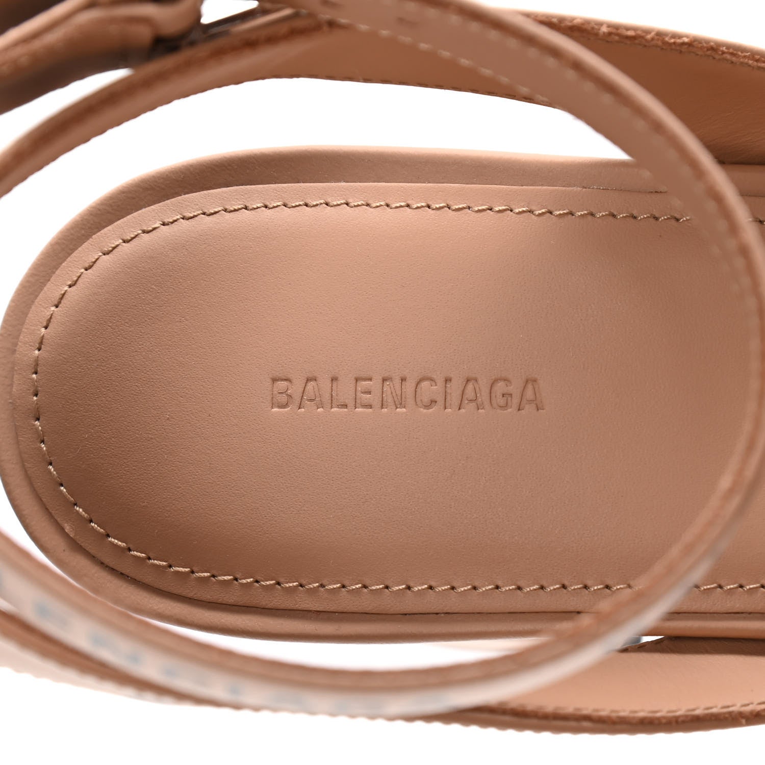 Balenciaga Smooth Calfskin Allover Logo Ankle Strap Round Heel 80mm Sandals 38.5 Beige Black 9 of 10