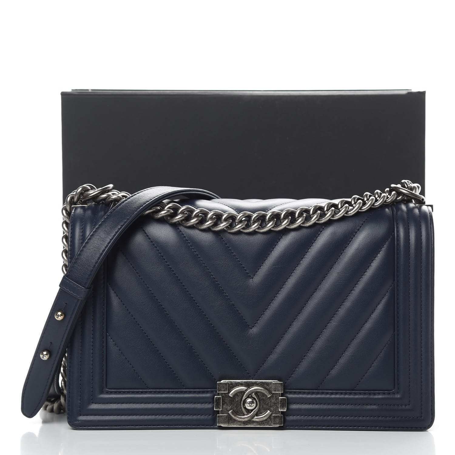 Chanel Calfskin Chevron Quilted New Medium Boy Flap Dark Navy Blue 14 of 14