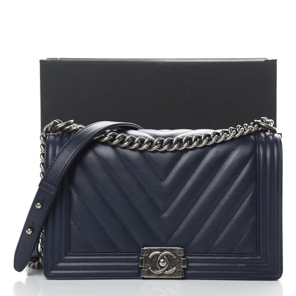 Chanel Calfskin Chevron Quilted New Medium Boy Flap Dark Navy Blue 14 of 14