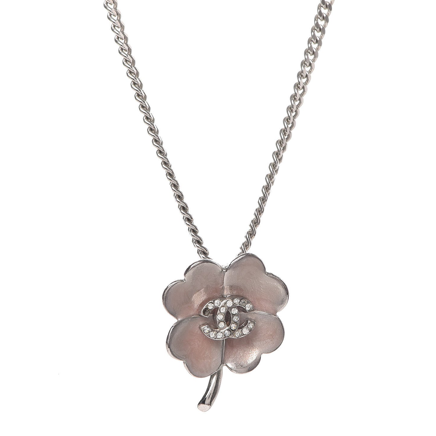 Enamel Crystal CC Camellia Pendant Necklace Silver