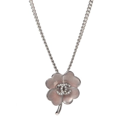Chanel Enamel Crystal CC Camellia Pendant Necklace Silver 4 of 7