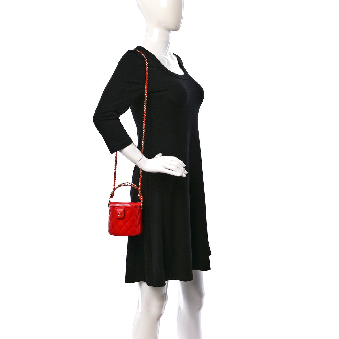 Patent Calfskin Quilted Top Handle Vanity With Chain Red
