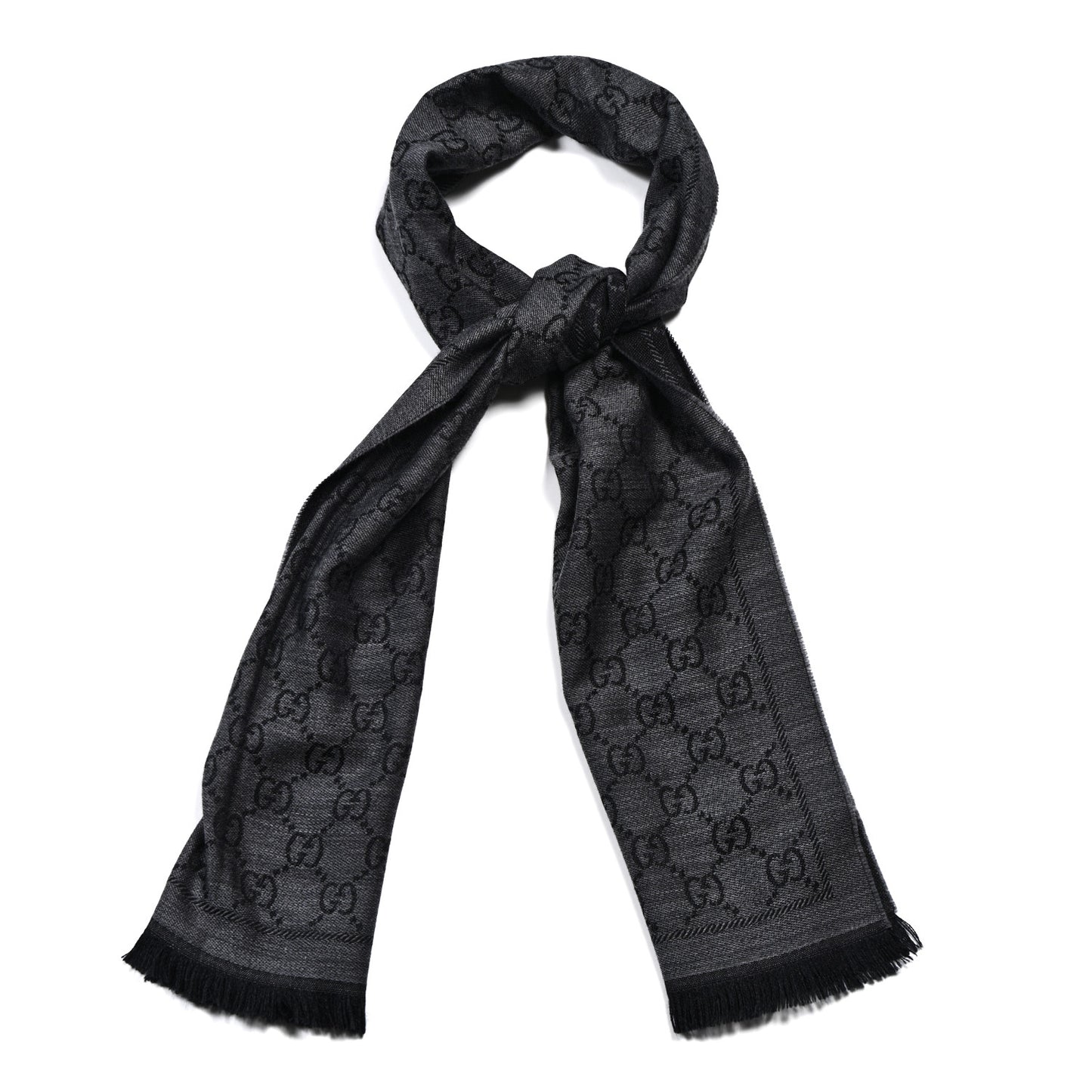 Wool Jacquard GG Monogram Sten Fringe Scarf Anthracite Black