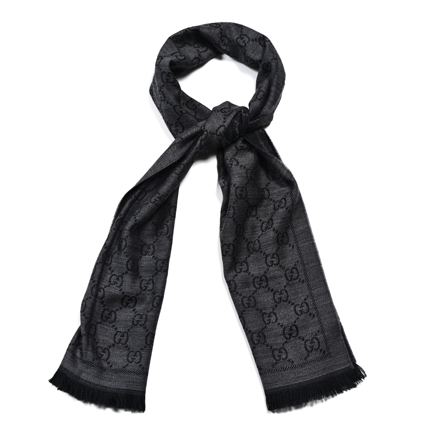 Gucci Wool Jacquard GG Monogram Sten Fringe Scarf Anthracite Black 1 of 3
