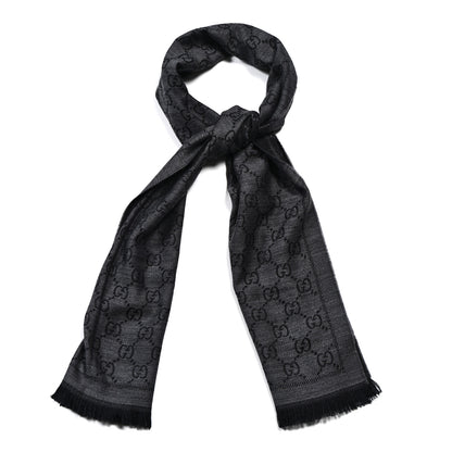 Gucci Wool Jacquard GG Monogram Sten Fringe Scarf Anthracite Black 1 of 3