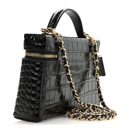 Chanel Calfskin Crocodile Embossed Crococo Top Handle Slim Vanity Case With Chain Black 3 of 11