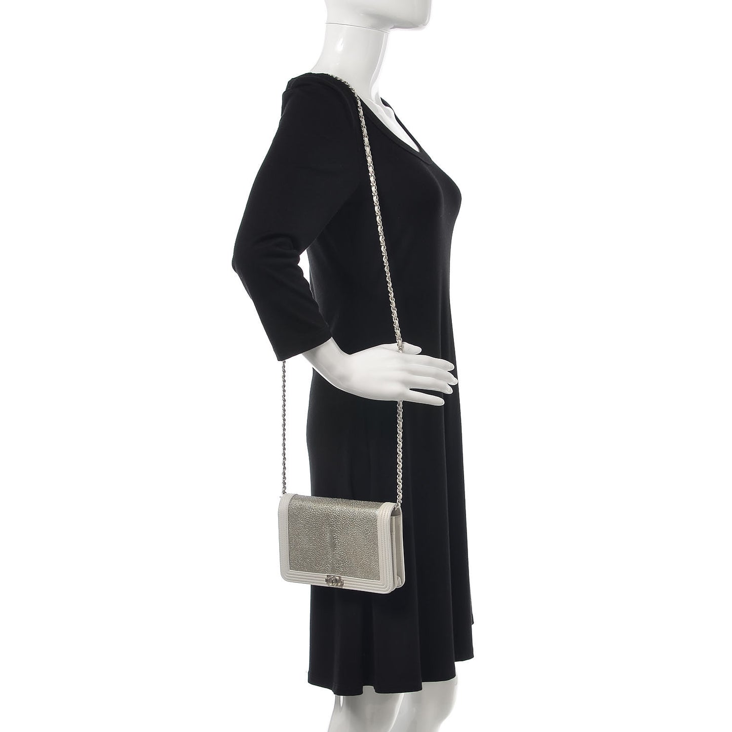 Metallic Galuchat Stingray Lambskin Boy Wallet On Chain WOC Silver