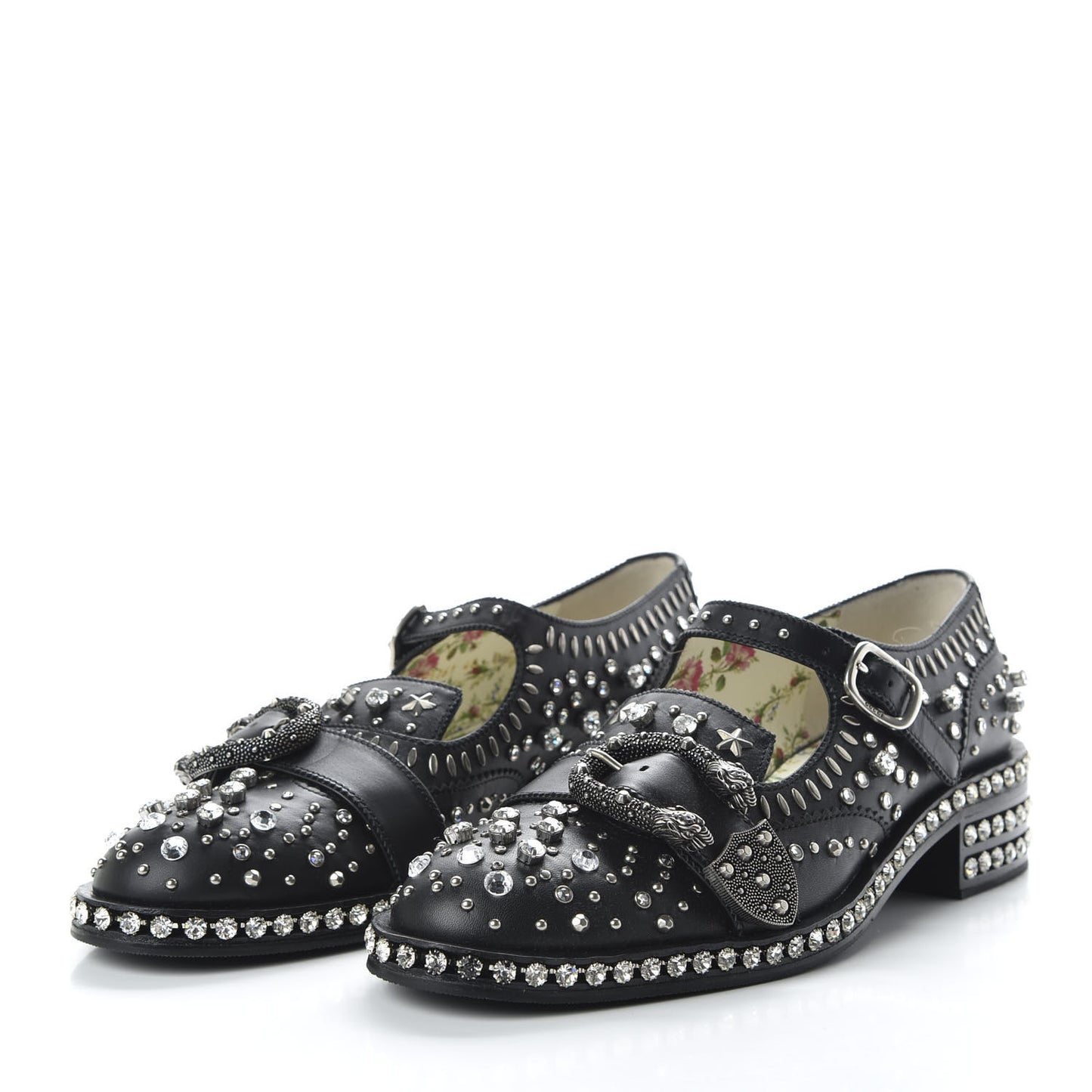 Calfskin Crystal Studded Womens Queercore Brogue Monk Strap Loafers 40 Black