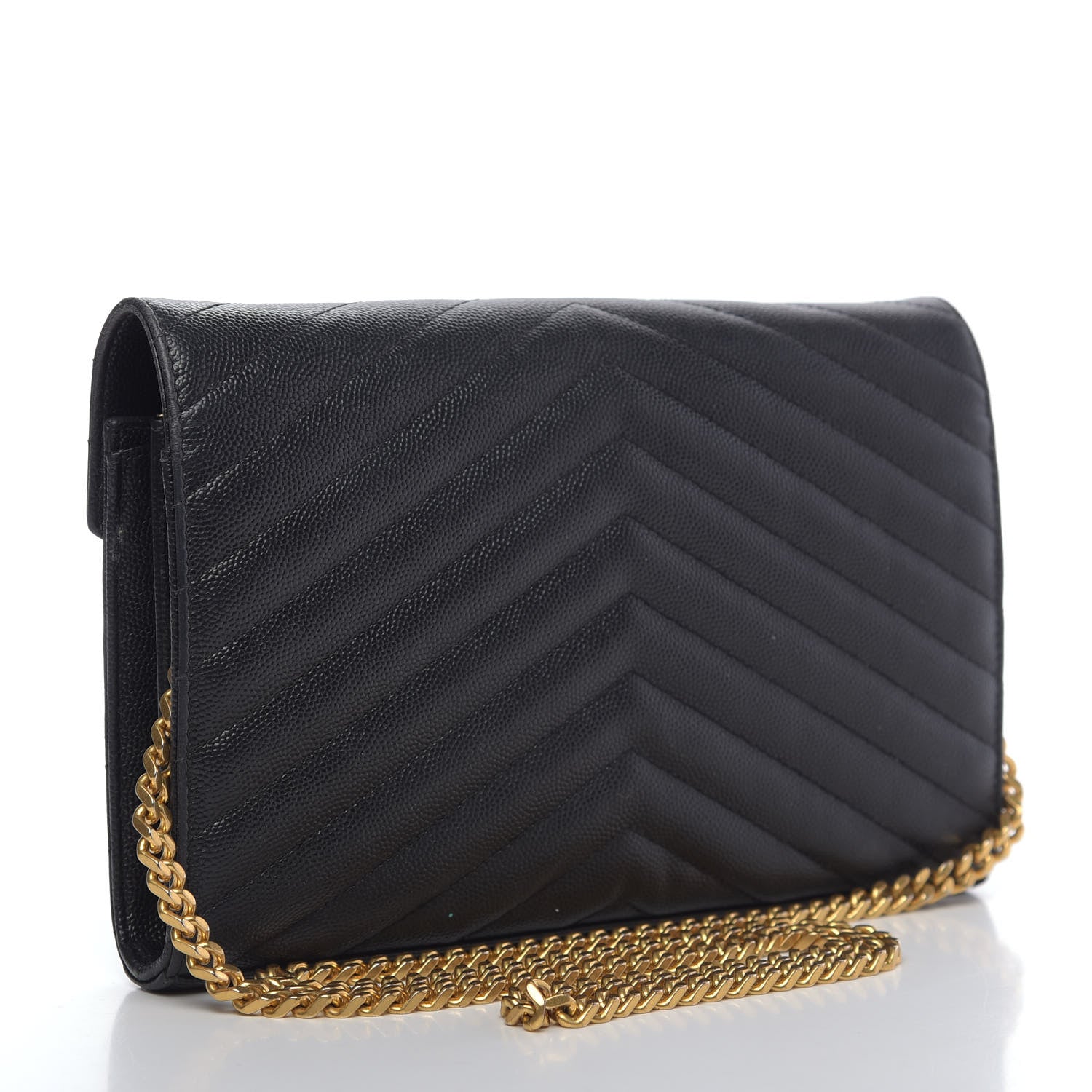 Saint Laurent Grain De Poudre Matelasse Chevron Monogram Chain Wallet Black 3 of 15