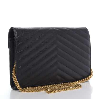 Saint Laurent Grain De Poudre Matelasse Chevron Monogram Chain Wallet Black 3 of 15
