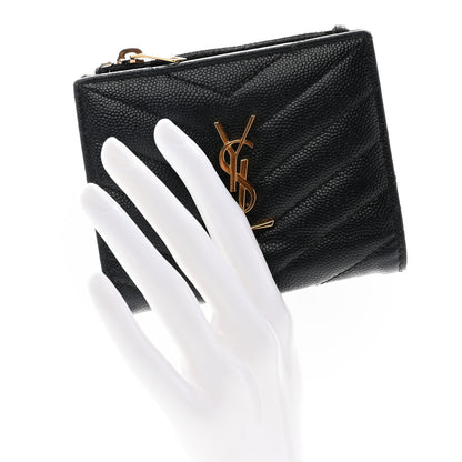 Saint Laurent Grain De Poudre Matelasse Chevron Monogram Zipped Two-Part Wallet Black 2 of 9