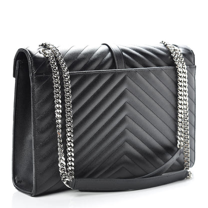 Saint Laurent Grain De Poudre Matelasse Chevron Large Monogram Satchel Black 3 of 14