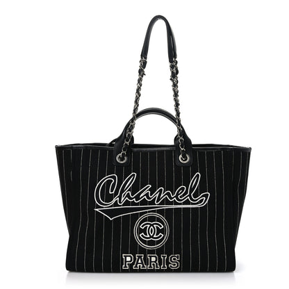 Chanel Canvas Calfskin Striped Medium Deauville Tote Black White 1 of 10