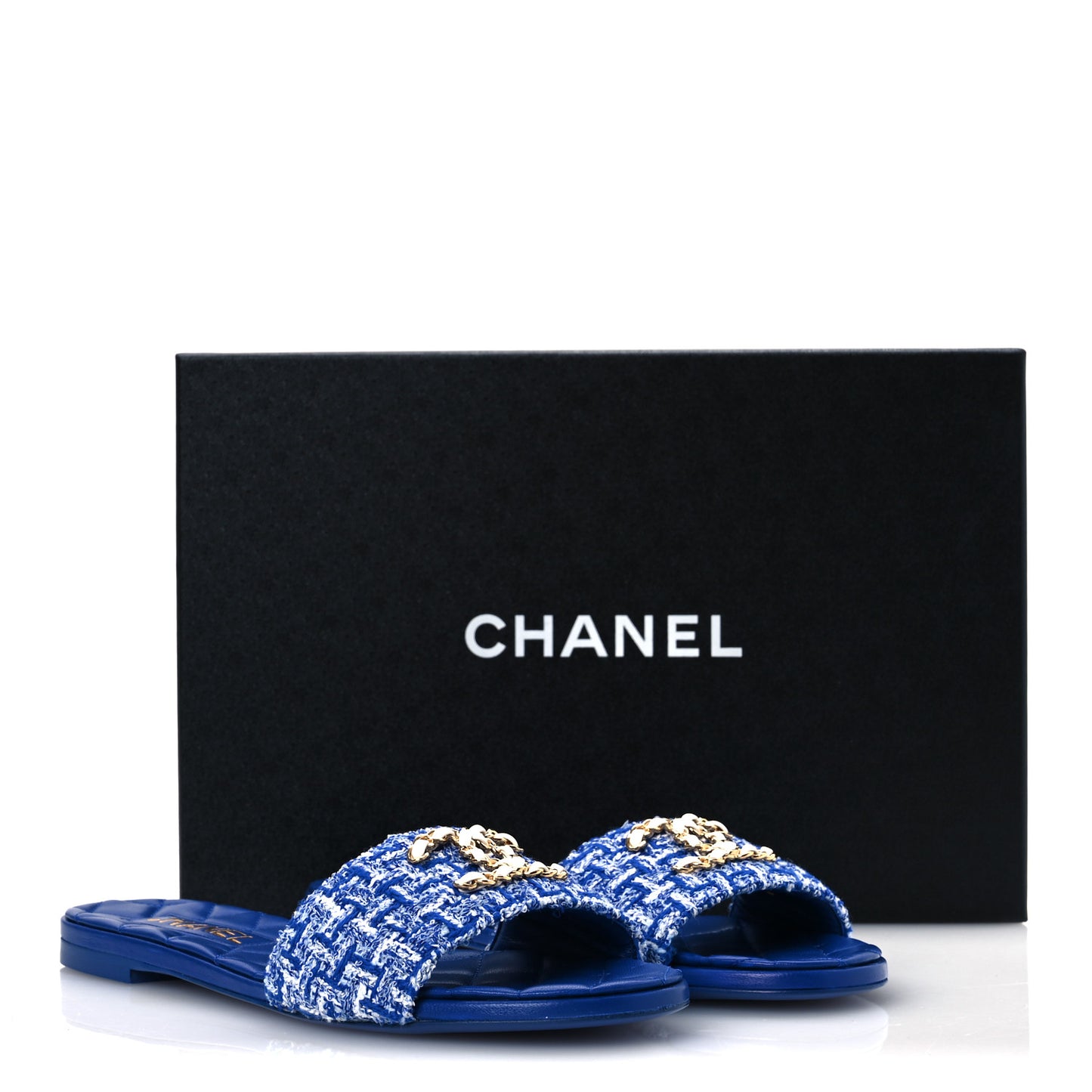 Cotton Tweed Chain CC Mule Sandals 38.5 Blue White