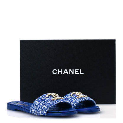 Chanel Cotton Tweed Chain CC Mule Sandals 38.5 Blue White 12 of 12